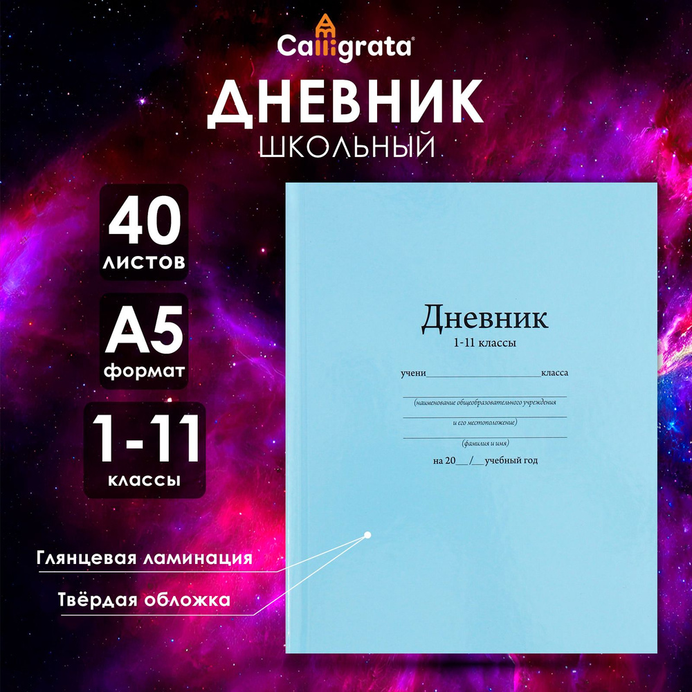 Дневник в твёрдой обложке универсальный 1 - 11 класс, "Голубой" 170*210 мм, 40 листов, глянцевая ламинация #1