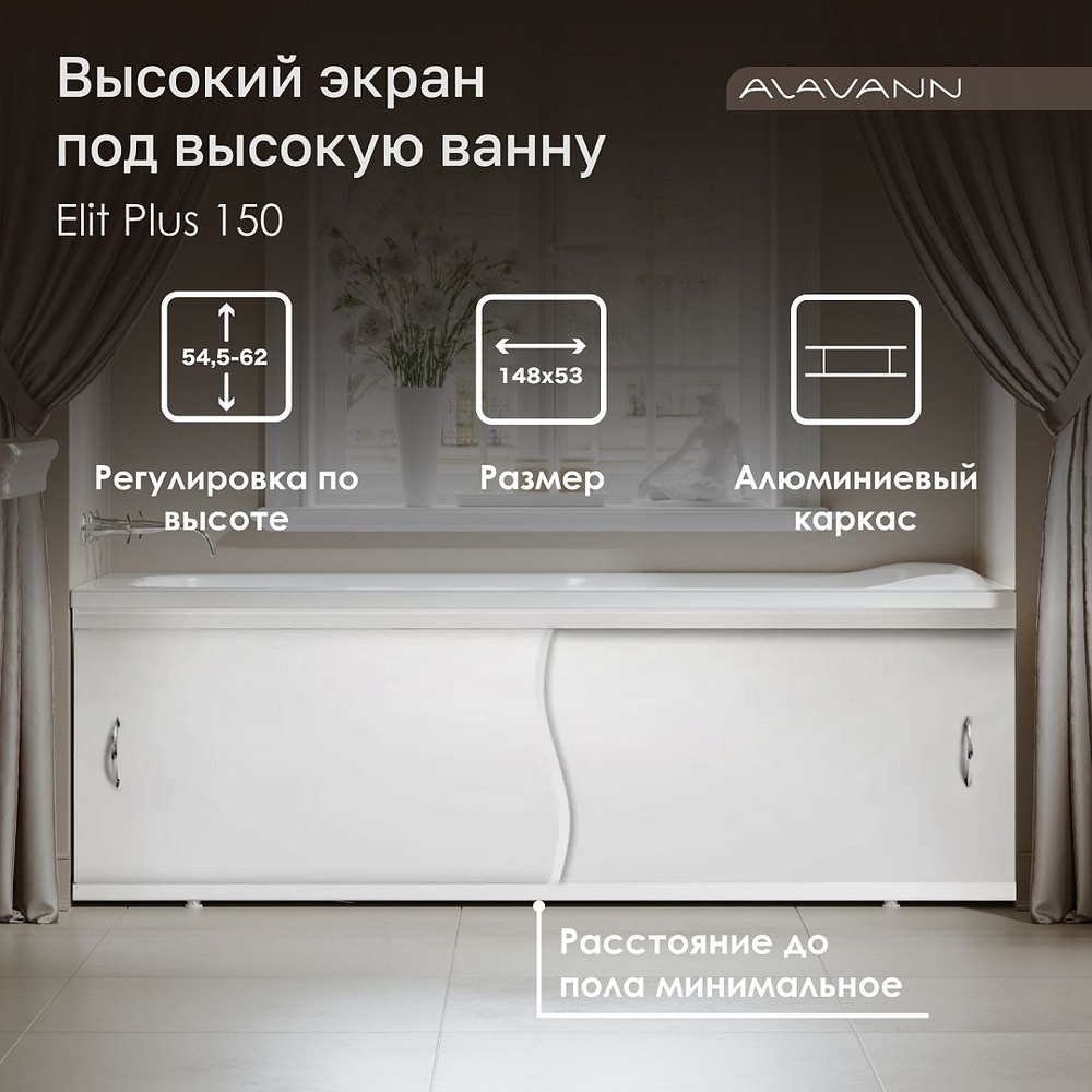 Экран под ванну Elit Plus 150 раздвижной, белый, пластиковый на алюминиевом профиле  #1