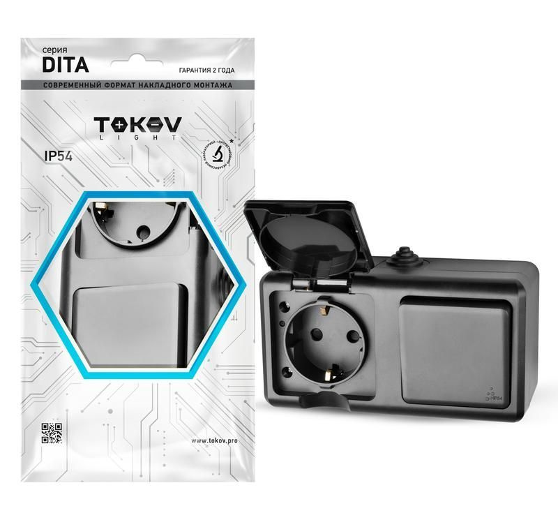 Блок ОП Dita (розетка 16А 250В с заземл. + 1-кл. выкл. 10А) IP54 карбон TOKOV ELECTRIC TKL-DT-V1RZ-C14-IP54 #1