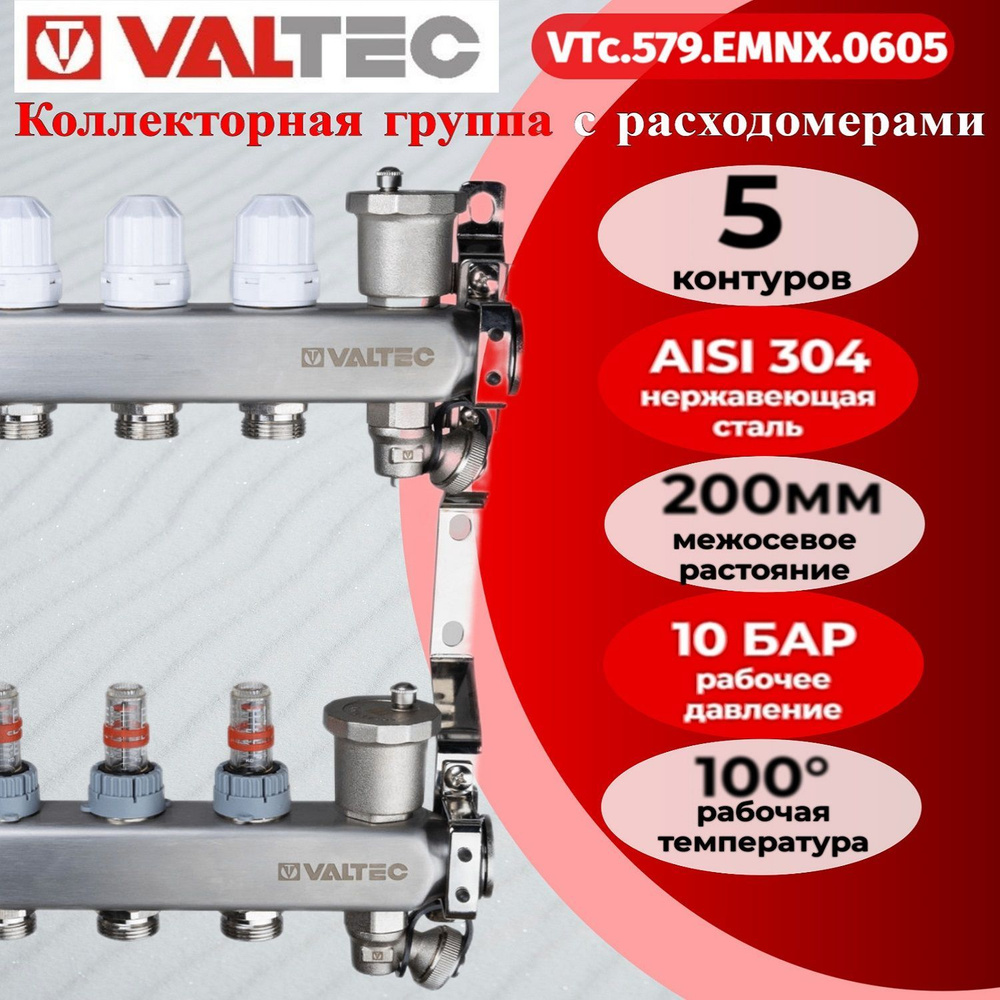 Коллекторный блок из НЕРЖ. стали с расходомерами 1"х5 вых. Евроконус 3/4 VTc.579.EMNX.0605  #1