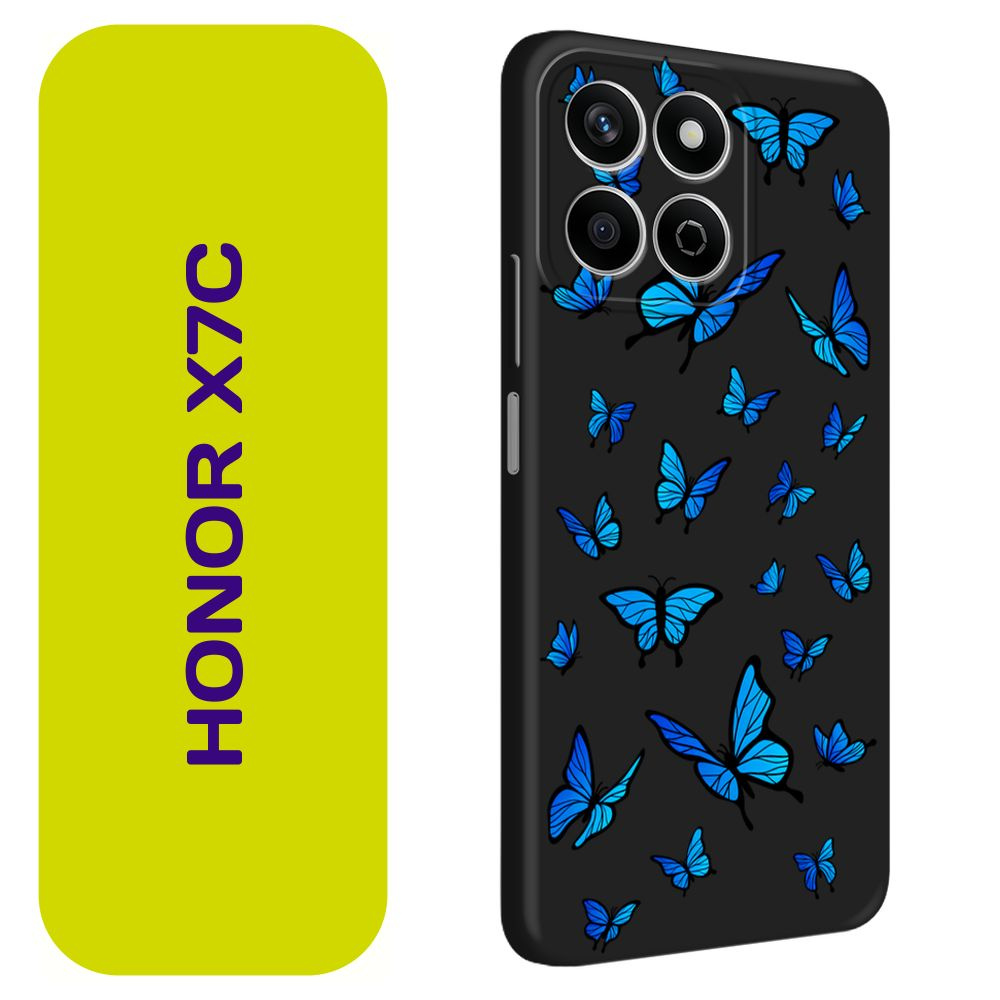 Матовый силиконовый чехол на Honor X7C / Хонор X7C "Синие бабочки", черный  #1