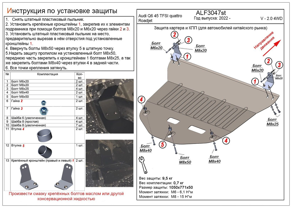 Защита картера и КПП Audi Q6 2022- V-2,0 45 TFSI quattro Roadjet алюминий #1