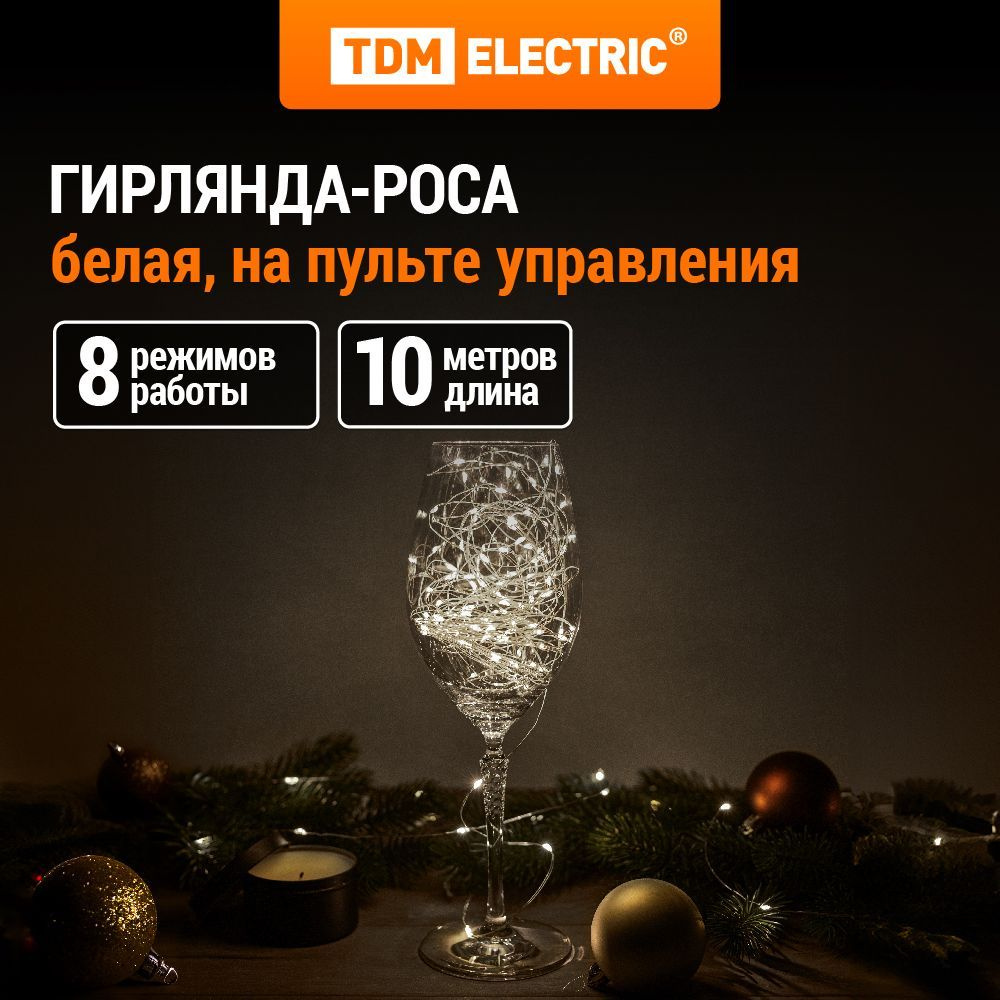 Гирлянда светодиодная "Роса 100-Д" 10 м, 100LED, белый, ПДУ, USB, IP20, TDM  #1