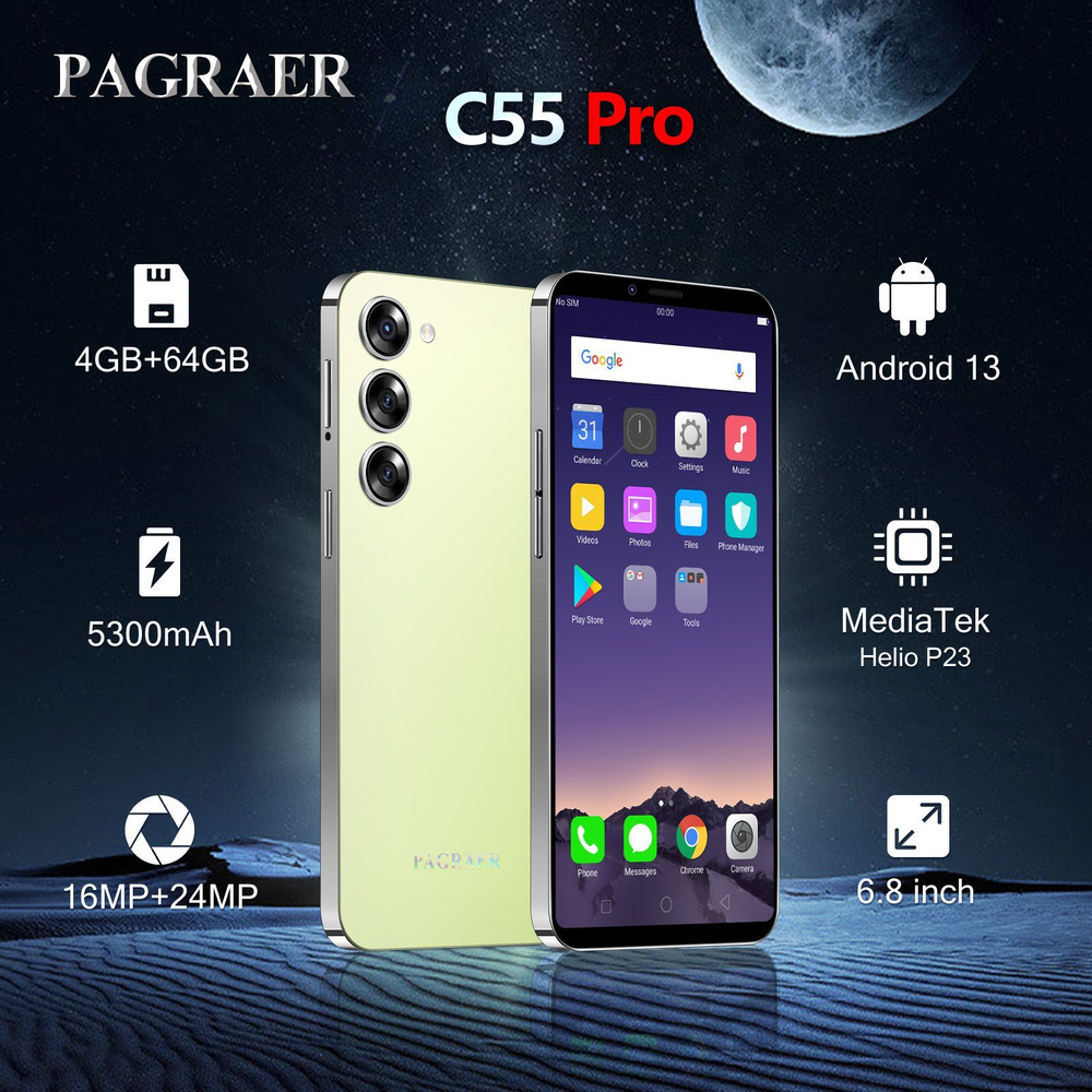 PAGRAER Смартфон C55 Pro русская версия, сеть 4g, большой 6.8-дюймовый HD-экран, противоударная и водонепроницаемая #1