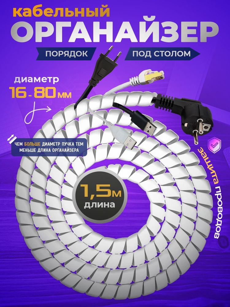 Органайзер для проводов, Гибкий кабельный органайзер белый 1,5 метра от 16 мм #1