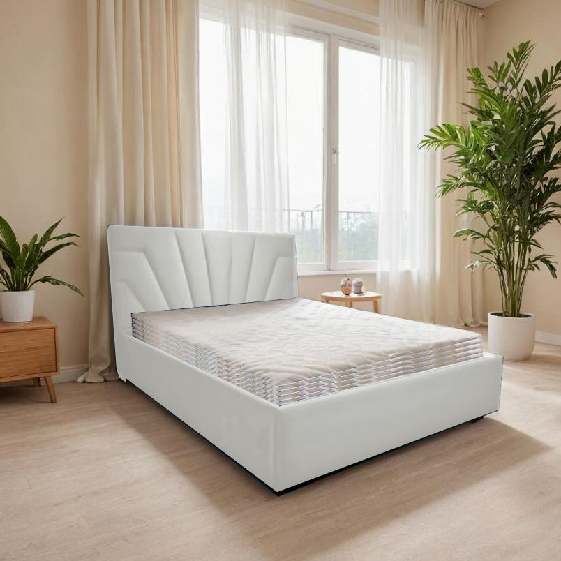 Двуспальная кровать Каир 180x200, с подъемным механизмом и с коробом для белья, велюр белый (с молочным #1