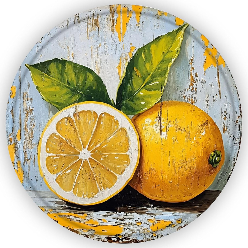 Круглый винитажный тин-сайн с лимоном, рюстик-стиль, алюминиевый, 20см #1