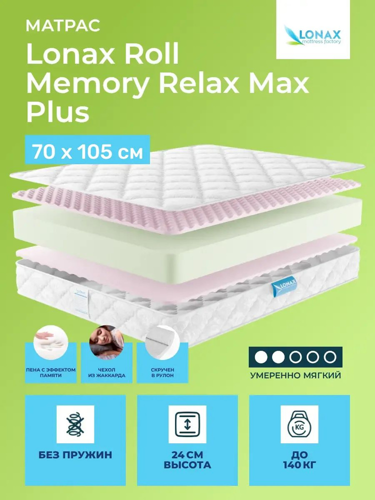 Матрас 70х105 Lonax Roll Memory Relax Max Plus, беспружинный, двусторонний с одинаковой жесткостью, полумягкий, #1