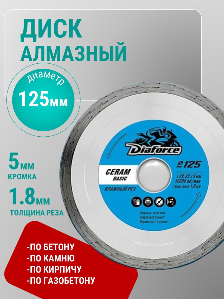 Диск алмазный сплошной DIAFORCE КЕРАМ БЭЙСИК 125х22,23х5x1,8 мм влажный рез по керамике #1