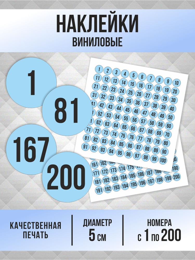 Наклейки с номерами от 1 до 200 круглые 50 мм, цвет голубой, ПолиЦентр #1