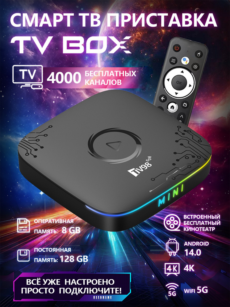 Приставка смарт тв wi fi MINI 8/128ГБ Андроид 14 8K, медиаплеер для цифрового ТВ с пультом #1