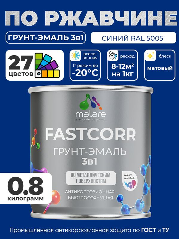 Грунт-эмаль по ржавчине 3 в 1 Malare FastCorr краска для металла, антикоррозионная износостойкая быстросохнущая #1