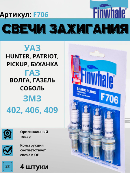 Свеча зажигания 406 405 (Finwhale)  F-706S (блистер 4 шт)