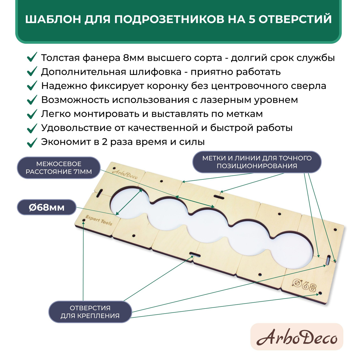 Шаблон для подрозетника на 5 отверстий 68 мм