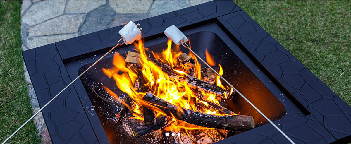 Открытый угольный очаг, костровая чаша с крышкой, большой домашний стол ...