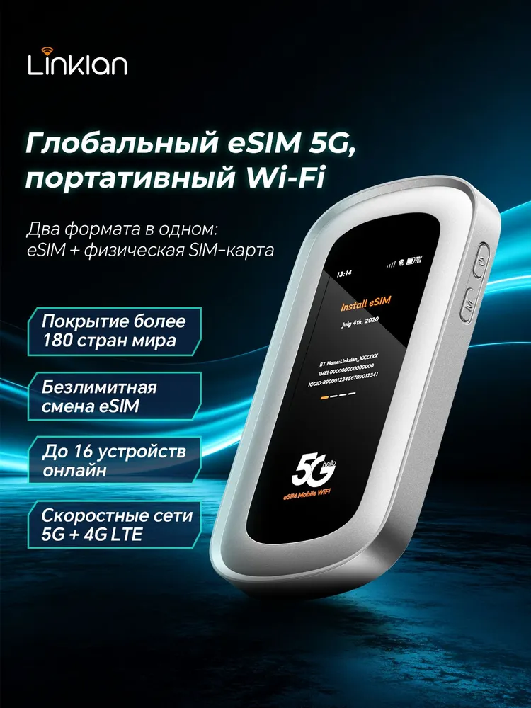 Лянла Портативный 5G Wi-Fi роутер 2 в 1 с глобальной eSIM и слотом для физической SIM-карты, переносное сетевое устройство для зарубежных путешествий и деловых командировок LA9, 5 г