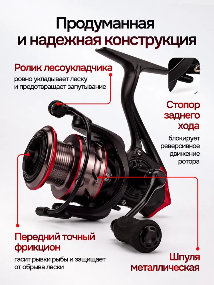 Катушка для спиннинга 2000, катушка рыболовная безынерционная, ультралайт, 6+1 подшипников, вариант, фото 3