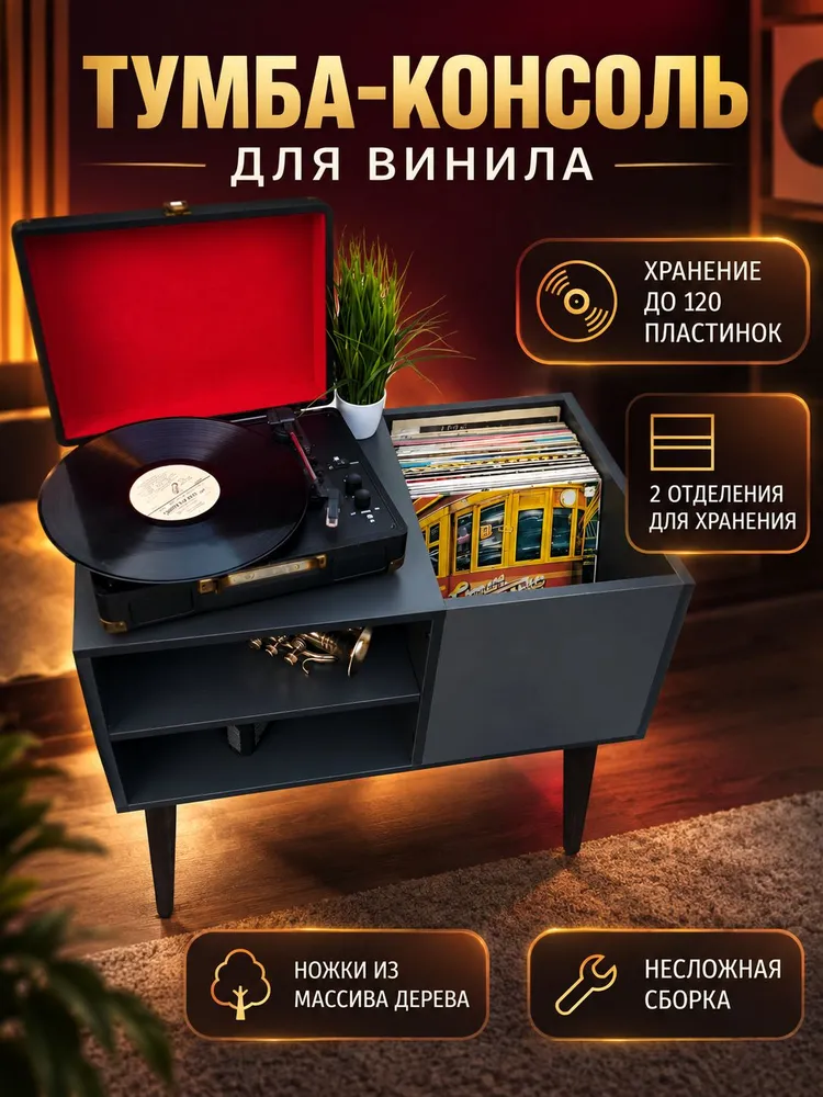Тумба для винилового проигрывателя и стойка для хранения виниловых пластинок, вариант