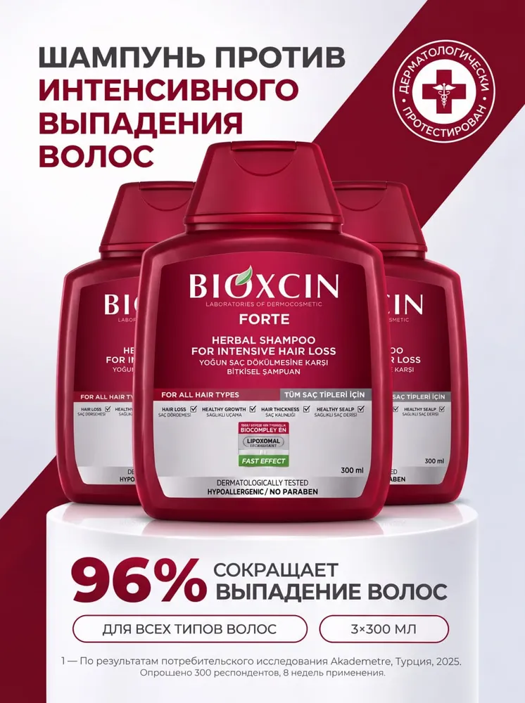 Bioxcin лечебный шампунь от интенсивного выпадения волос для женщин и мужчин, турецкий профессиональный, при алопеции, активатор роста волос, Forte, 3х300мл, 3x300