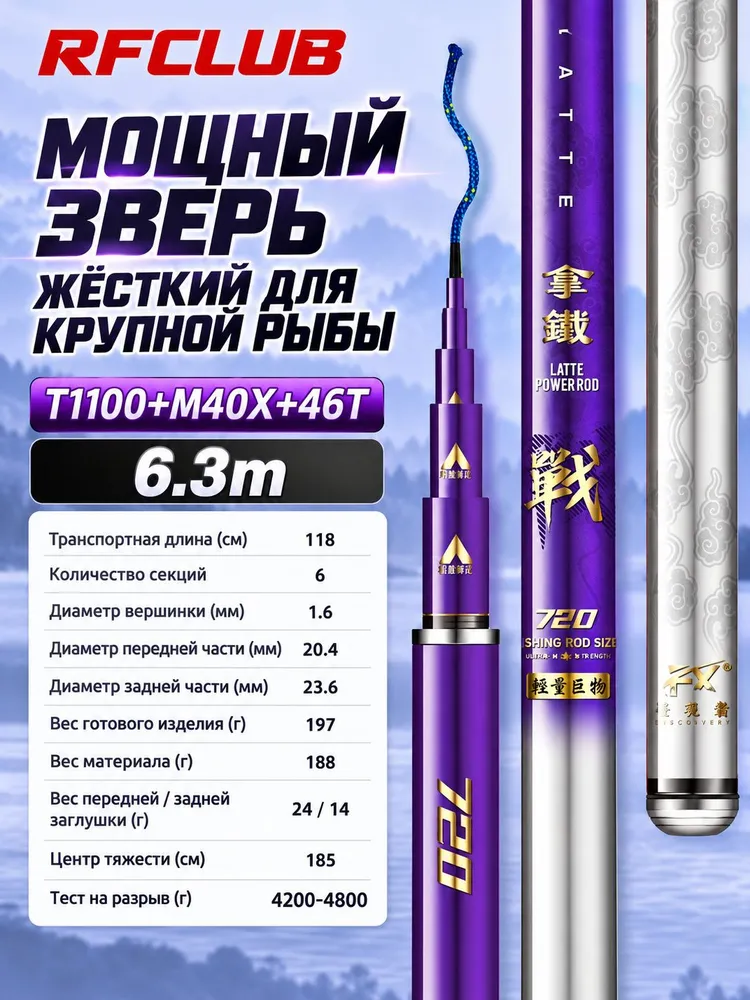 RFCLUB Удилище, рабочая длина:  630 см , до 4800 гр, 4,8 кг