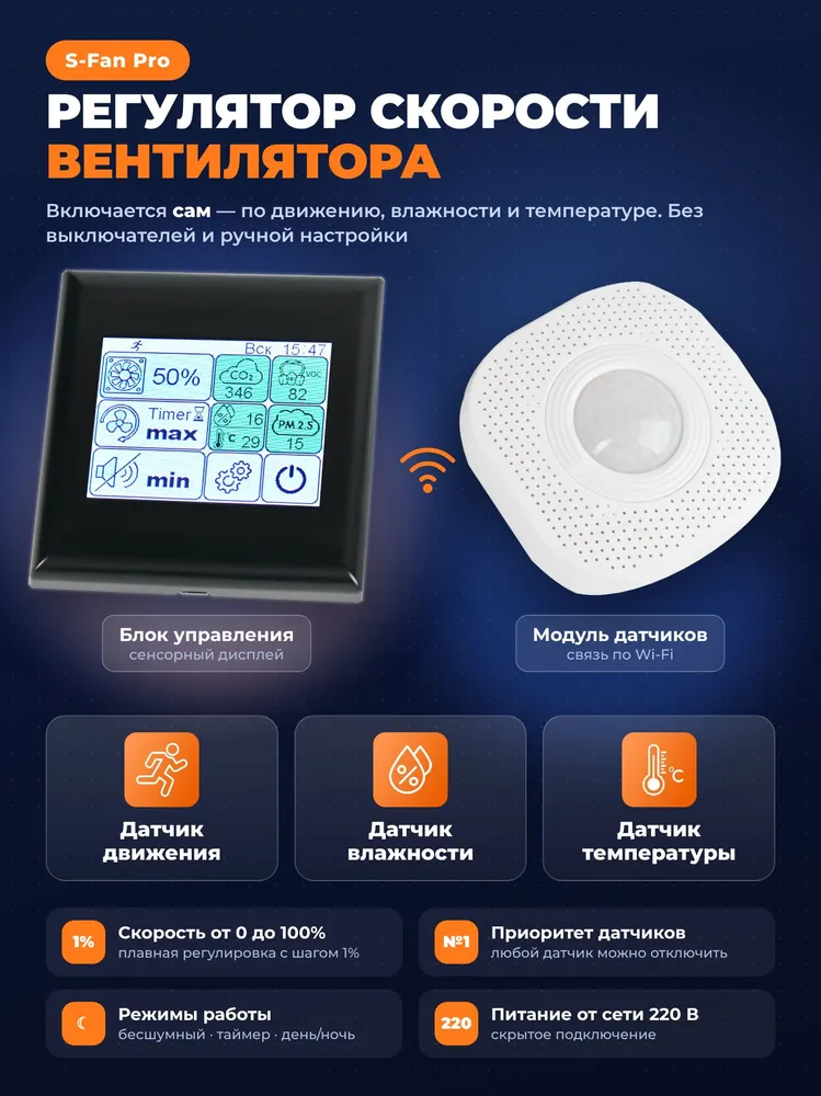 Регулятор скорости вентилятора 220В-400Вт, Блок управления S-Fan Pro, Умная вентиляция, Управление по датчику СО2 и влажности, 400 Вт