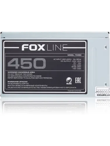 Блок питания 450Вт/ Power Supply Foxline, 450W, ATX, NOPFC, 80FAN, 2xSATA, 2xPATA, 1xFDD, 24+4