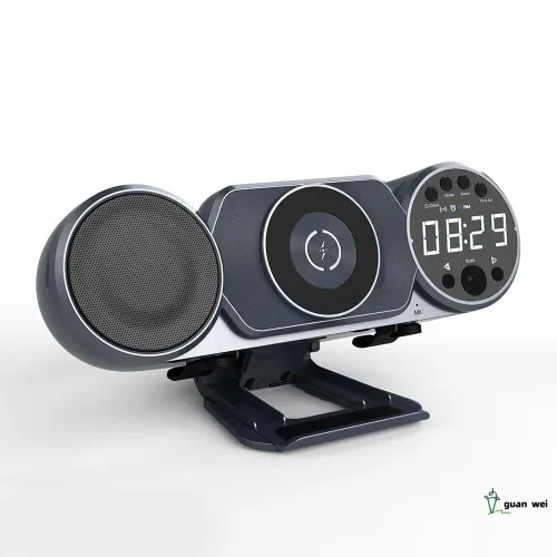 Многофункциональная беспроводная зарядка, bluetooth-колонка, цифровой будильник, FM-радио, светодиод