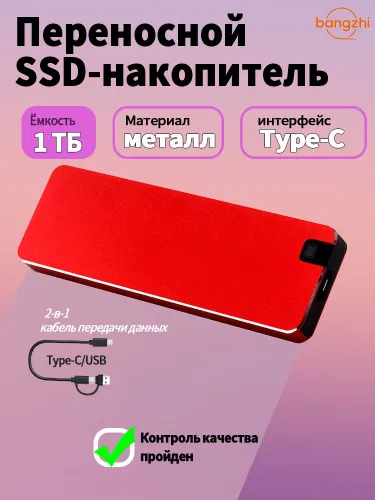 bangzhi 1 ТБ Внешний SSD-диск (25DSSD-1TB), USB 3.1, чтение - 50 Мб/с, запись - 50 Мб/с, Металл, кра
