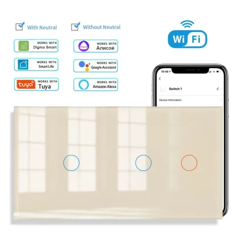 Умный сенсорный выключатель с WIFI трехклавишный,2пост(1клавиша+2клавиша) стекло 153х82 мм ,Золотой
