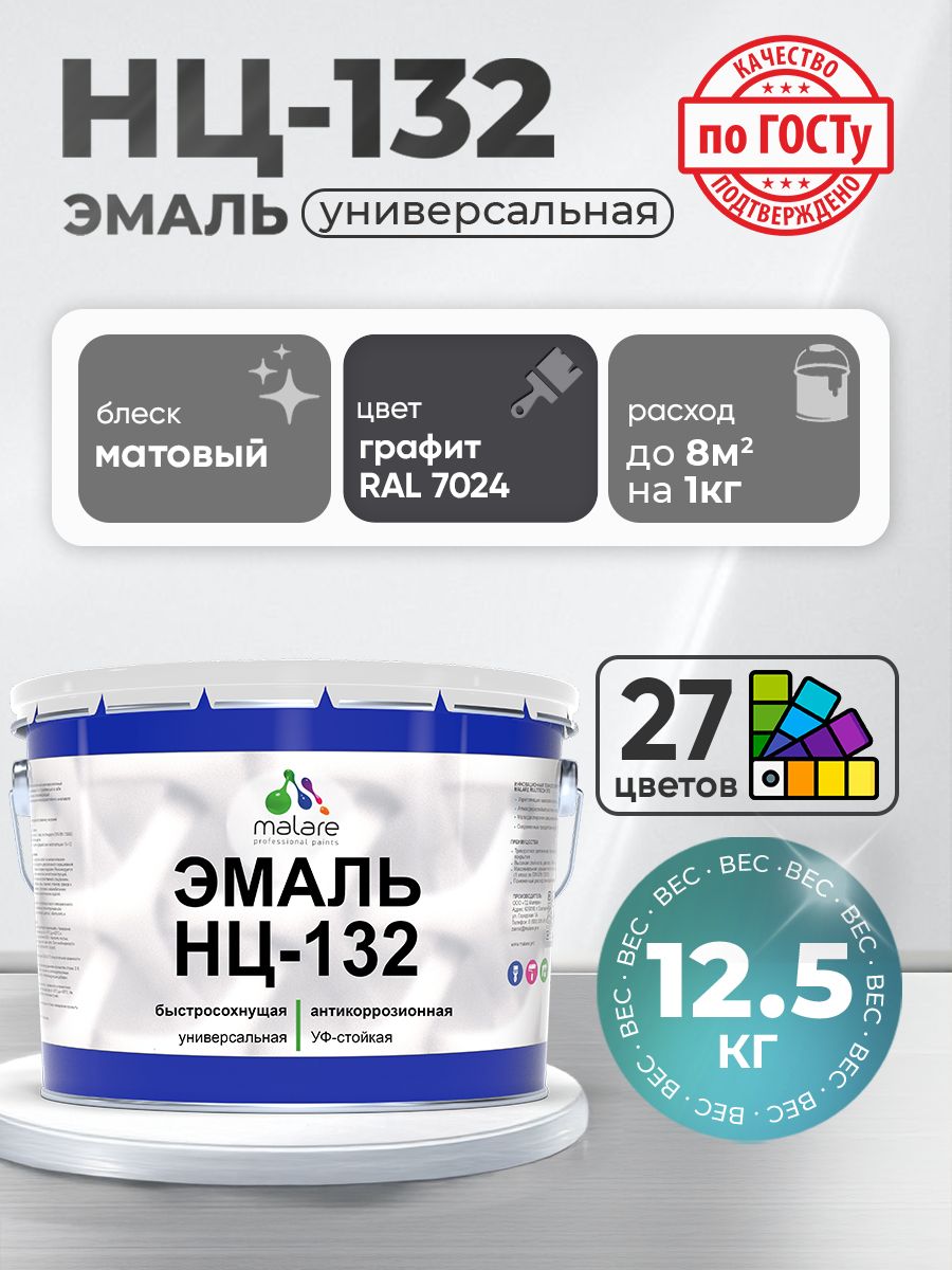 Эмаль Malare НЦ-132 краска для металла, минеральных поверхностей для внутренних и наружных работ антикоррозионная быстросохнущая RAL 7024, графитово-серый(темный), матовая, 12,5 кг