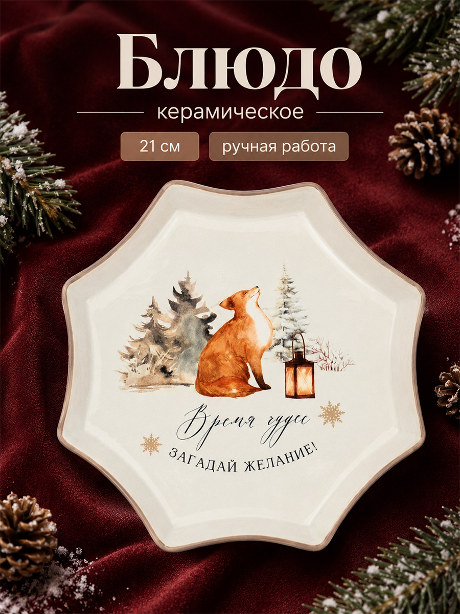 Блюдо подарочное новогоднее "Чудесное время, керамическое", 21х21 см, ручная работа
