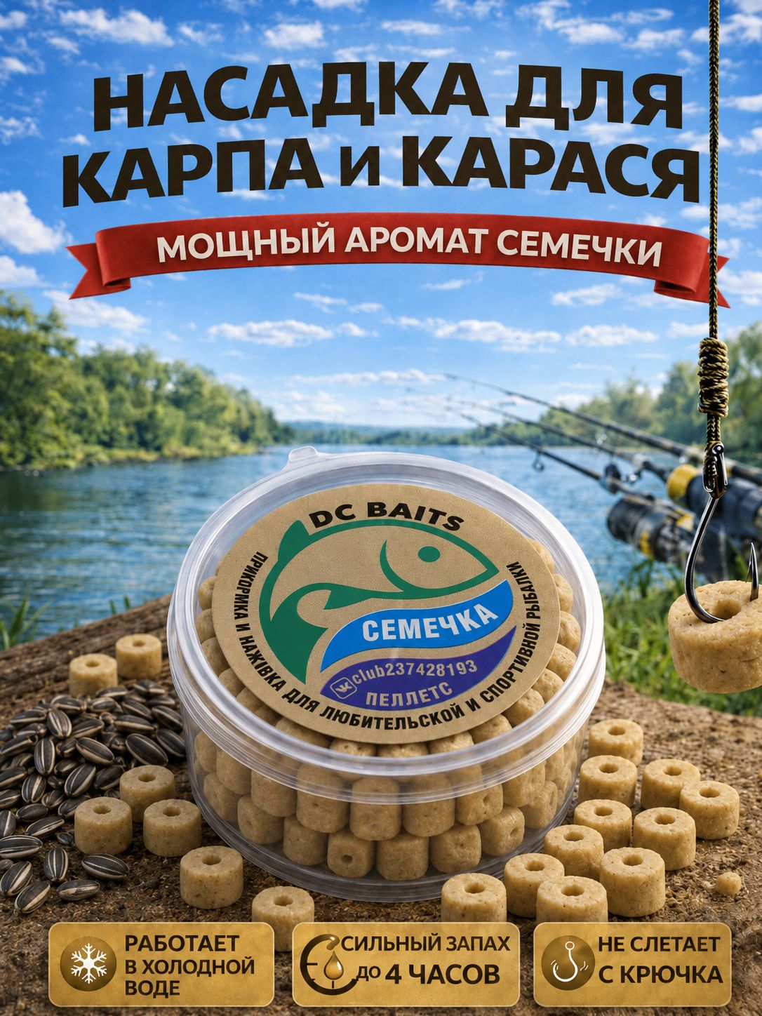 Пеллетсрыболовныйкрупный"Семечка"длякарпаикарасясотверстием,насадканакрючок,ароматизированныйпеллетс