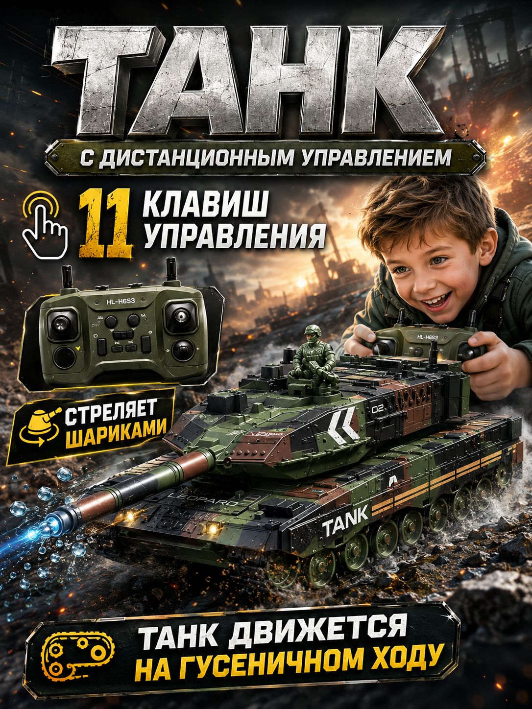 RCтанкнарадиоуправлениисэффектамизвукаисвета,мощныйвоенныйтанк,игрушкадлядетей,подарокдлямальчика