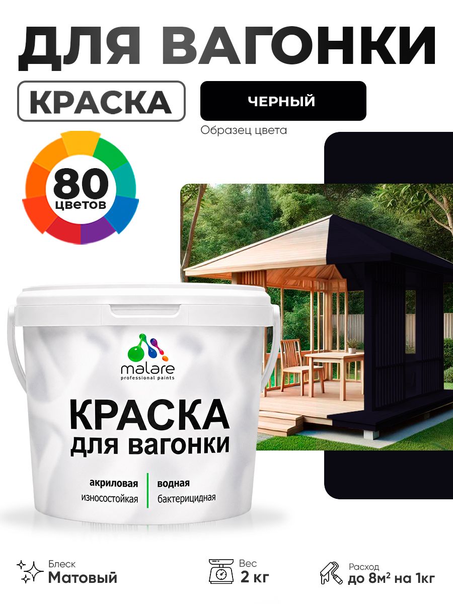 Акриловая краска для вагонки Malare для дерева, для фасадов и интерьера с антисептическим эффектом, быстросохнущая, без запаха, матовая, черный, 2 кг