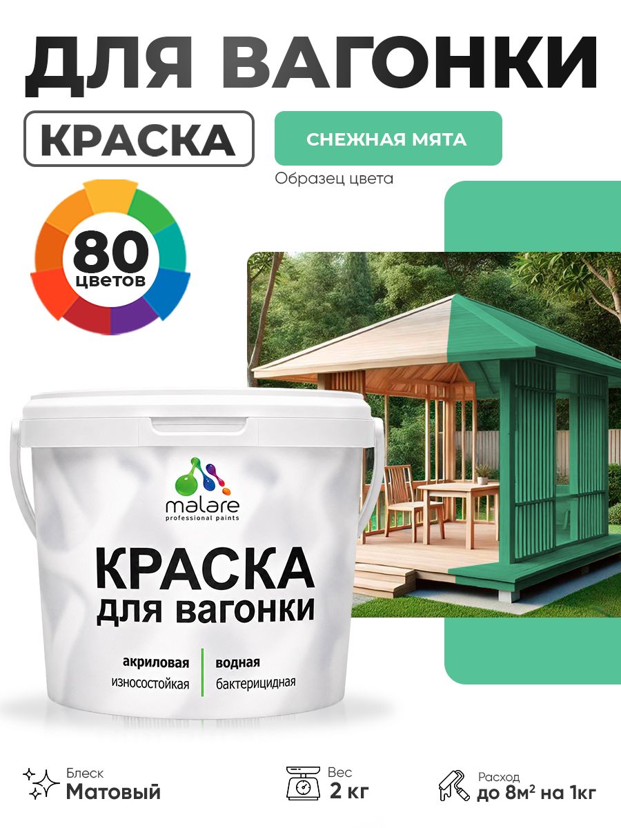 Акриловая краска для вагонки Malare для дерева, для фасадов и интерьера с антисептическим эффектом, быстросохнущая, без запаха, матовая, снежная мята, 2 кг