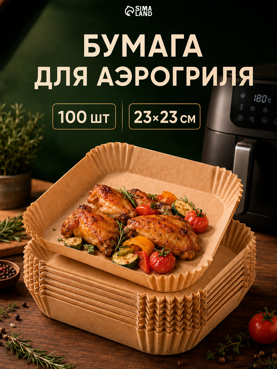 Форма для запекания и аэрогриля, размер 23x23 см, пергамент, набор 100 шт, квадратная