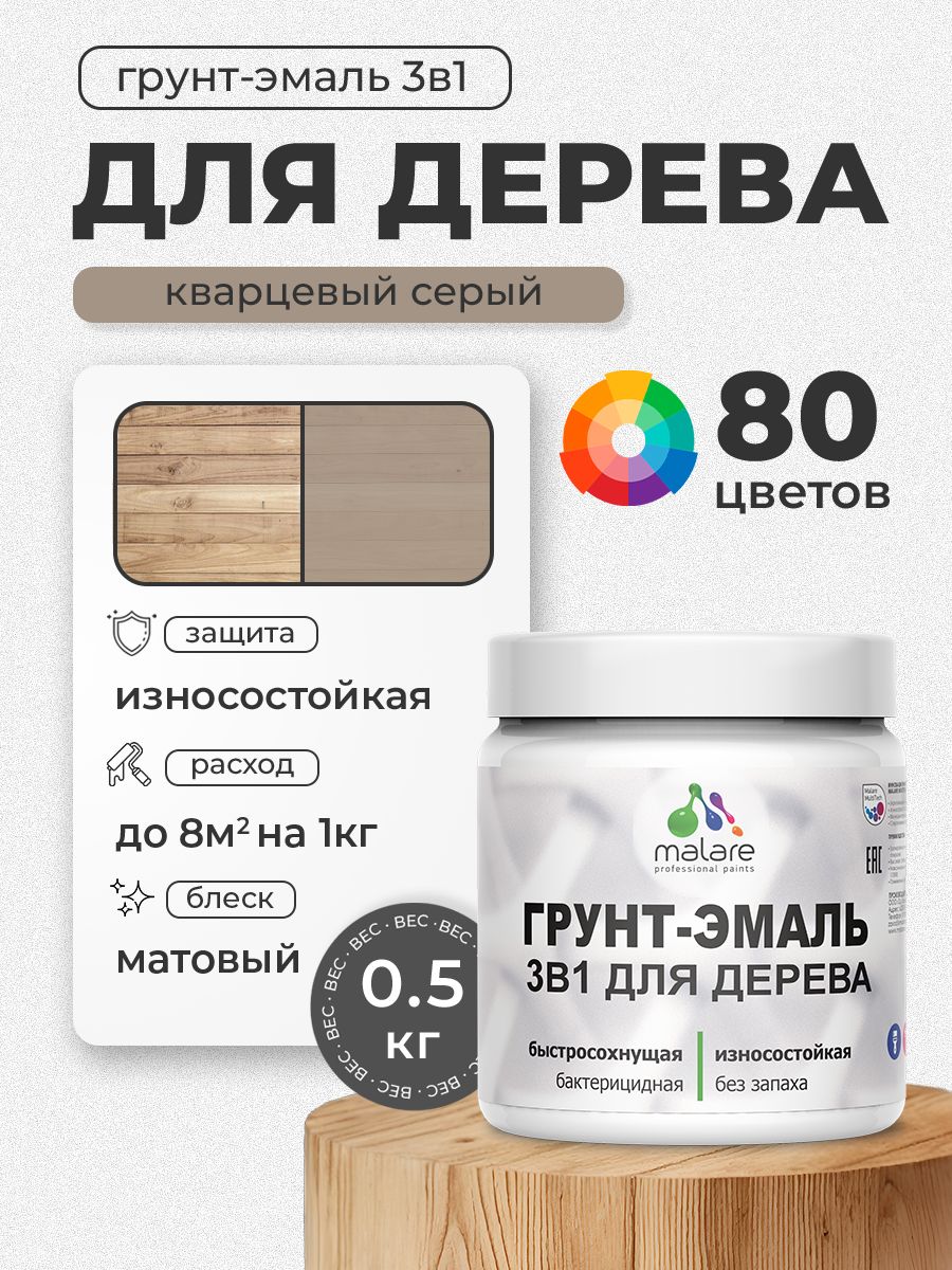 Акриловая Грунт-Эмаль 3 в 1 Malare для деревянных поверхностей с антисептическим эффектом, быстросохнущая, моющаяся без запаха матовая, кварцевый серый, 0.5 кг