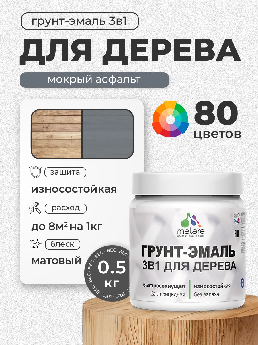 Акриловая Грунт-Эмаль 3 в 1 Malare для деревянных поверхностей с антисептическим эффектом, быстросохнущая, моющаяся без запаха матовая, мокрый асфальт, 0.5 кг