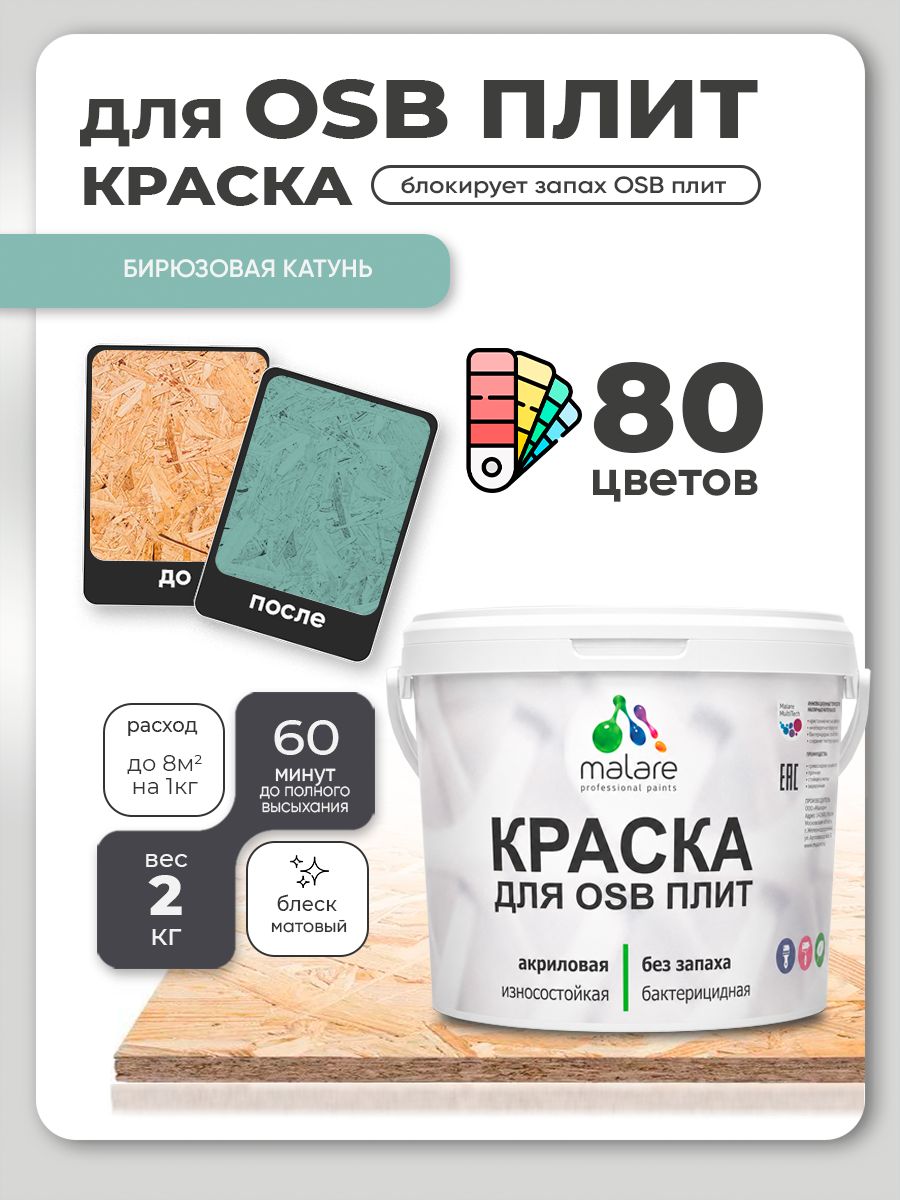 Акриловая краска для ОСБ плит Malare для дерева для наружных и внутренних работ, быстросохнущая без запаха матовая, бирюзовая катунь, 2 кг