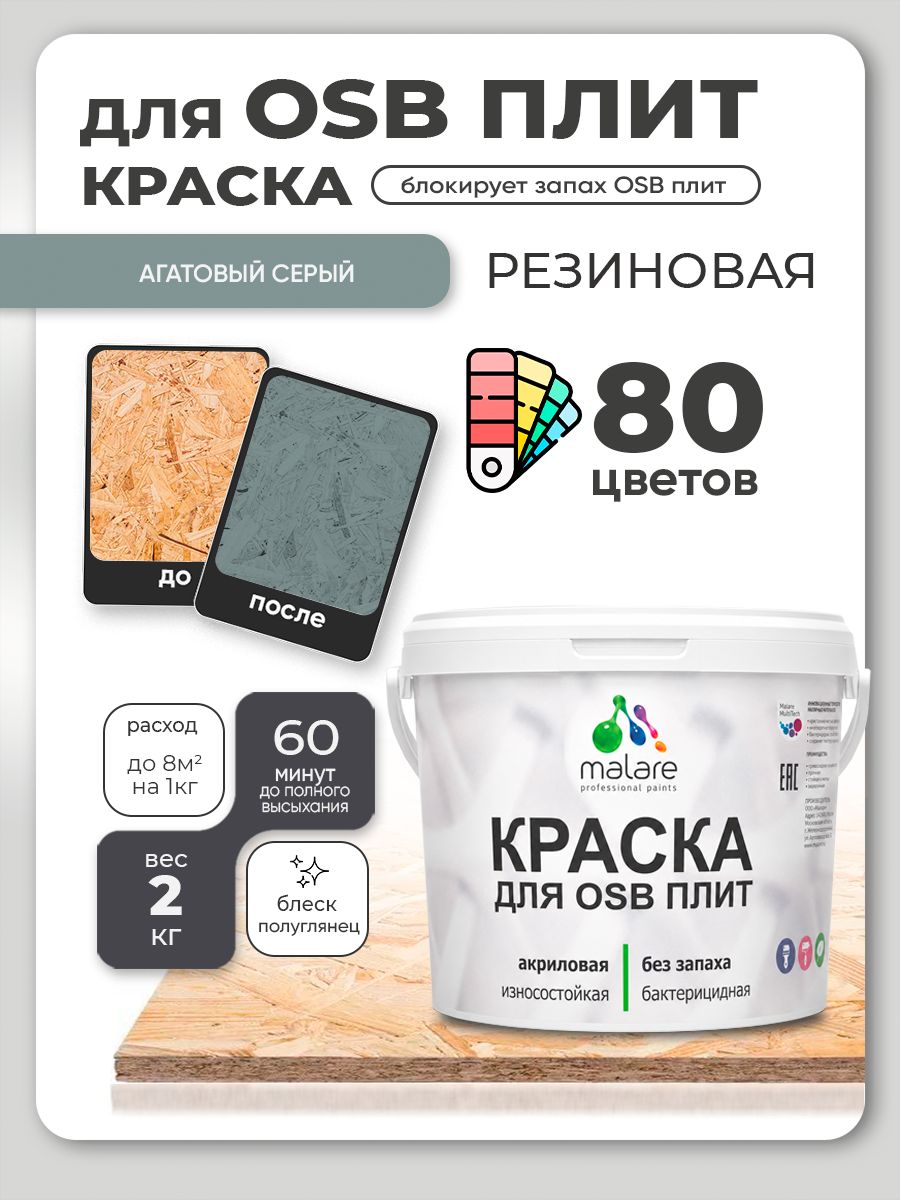 Резиновая краска для ОСБ плит Malare акриловая краска для дерева для наружных и внутренних работ, быстросохнущая без запаха полуглянцевая, агатовый серый, 2 кг