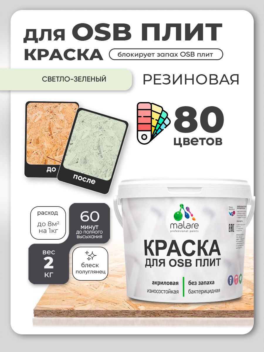 Резиновая краска для ОСБ плит Malare акриловая краска для дерева для наружных и внутренних работ, быстросохнущая без запаха полуглянцевая, светло-зеленый, 2 кг