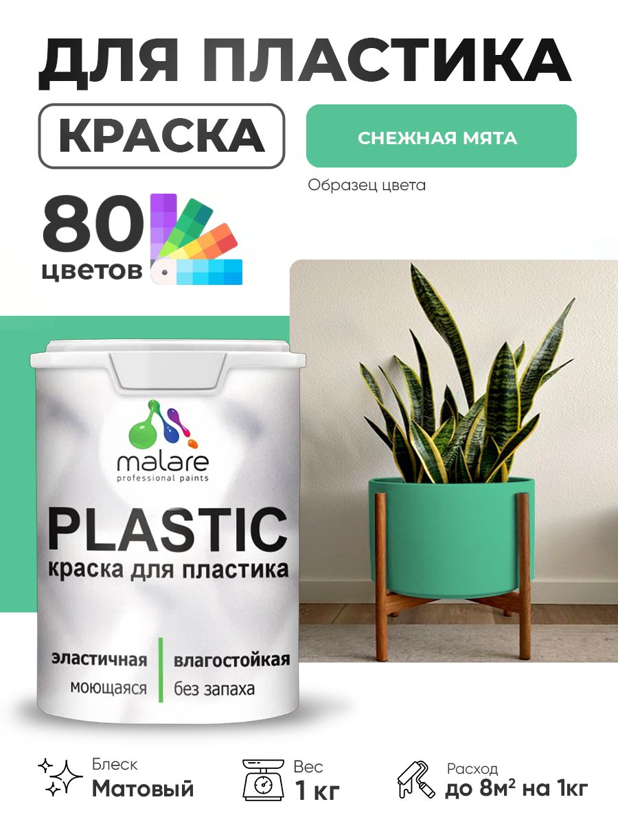 Акриловая краска для пластика Malare Plastic для пенопласта ПВХ сайдинга, для подоконников и откосов, быстросохнущая без запаха, матовая, снежная мята, 1 кг