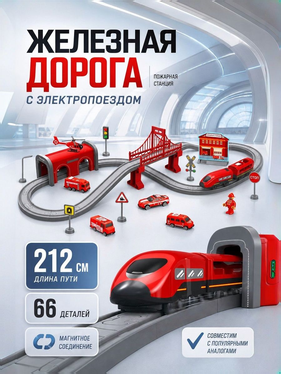Железная дорога детская / Железная дорога детская с электропоездом / 66 деталей