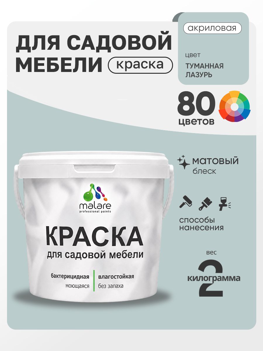 Акриловая краска Malare для садовой мебели/ по дереву, для наружных и внутренних работ/ быстросохнущая моющаяся без запаха матовая, туманная лазурь, 2 кг