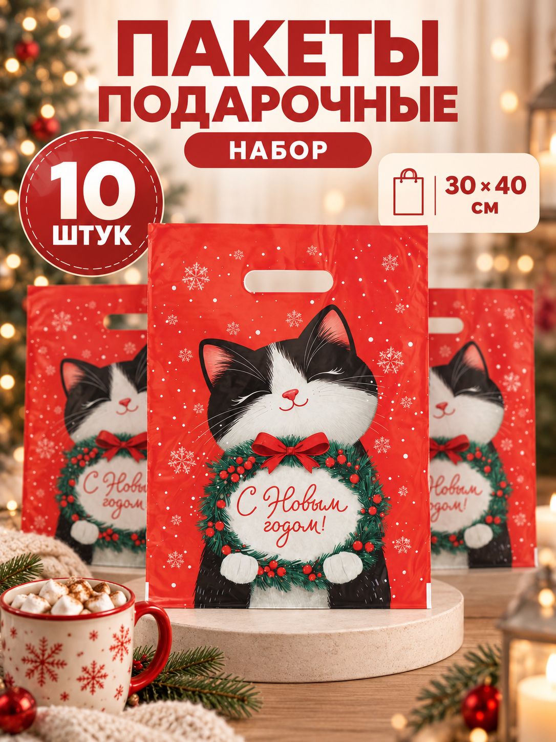 Пакеты подарочные новогодние, набор 10 шт, 30 х 40 см