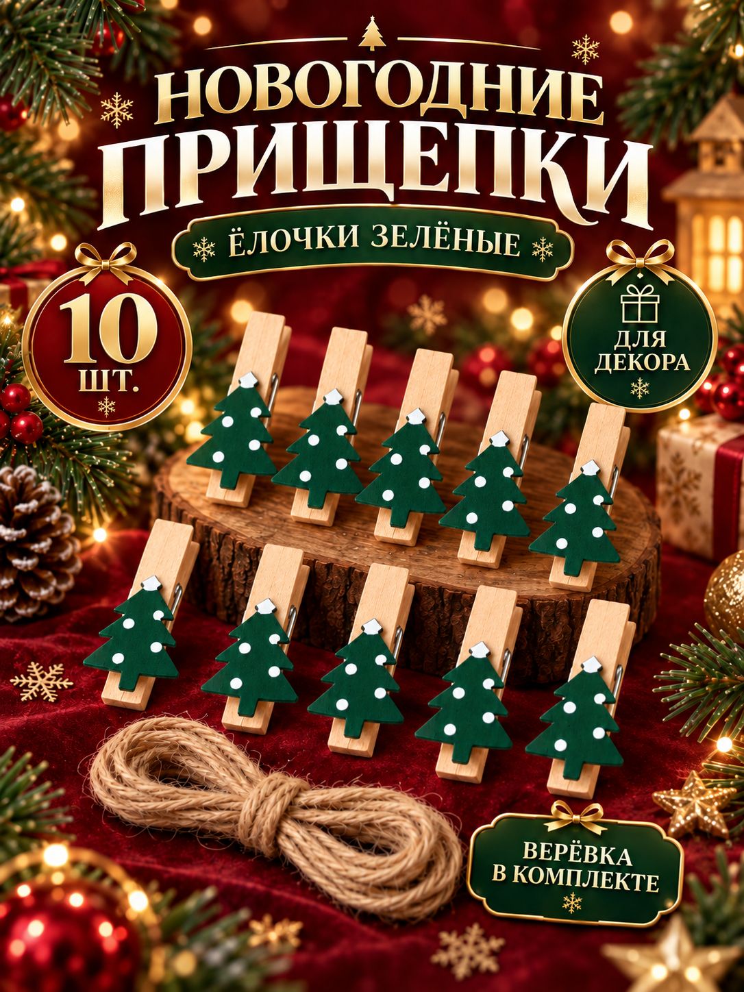 Прищепки декоративные новогодние "Ёлочки зелёные", набор 10 шт.