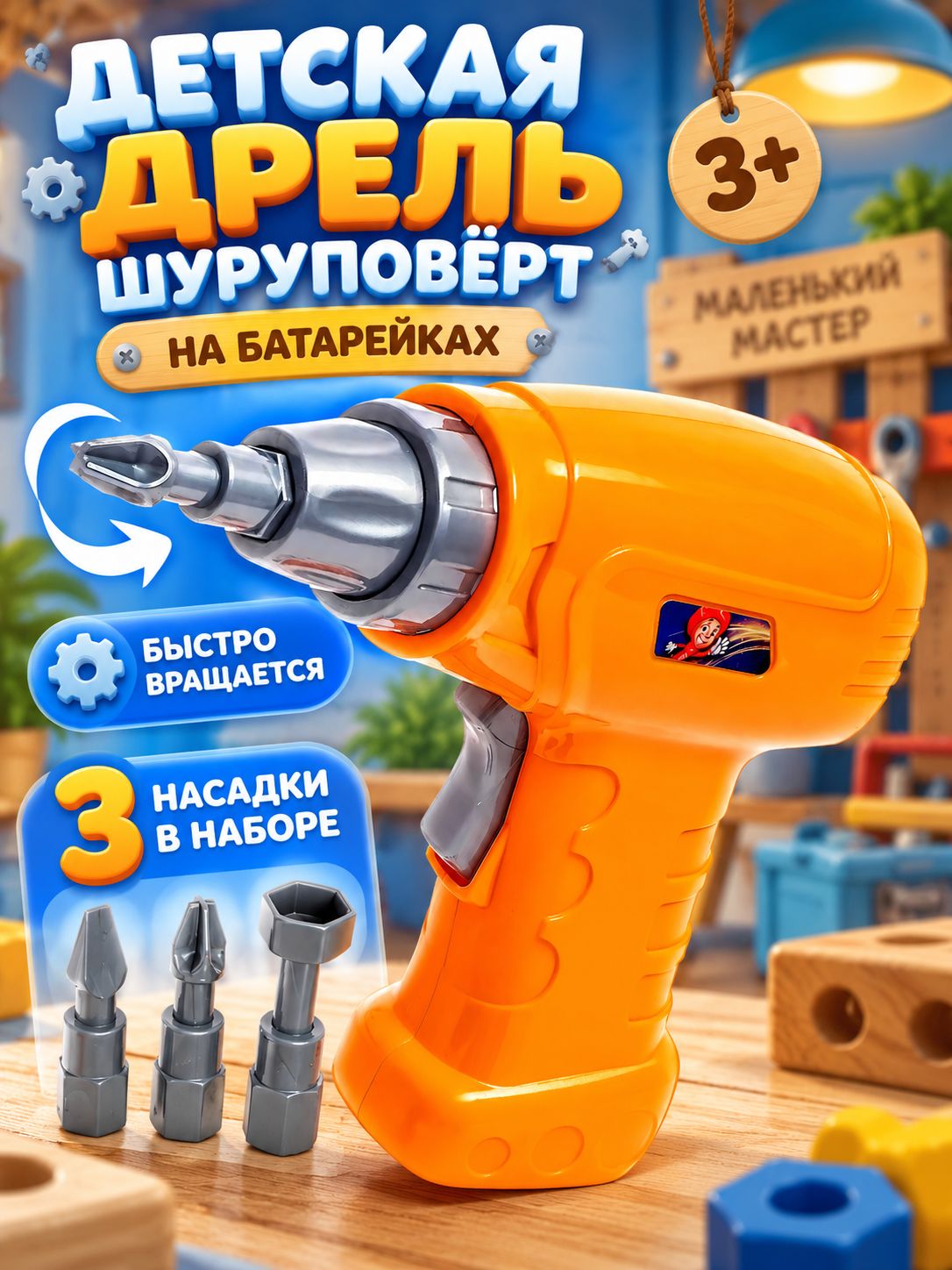 Шуруповерт детский на батарейках, 3 насадки, для винтового конструктора