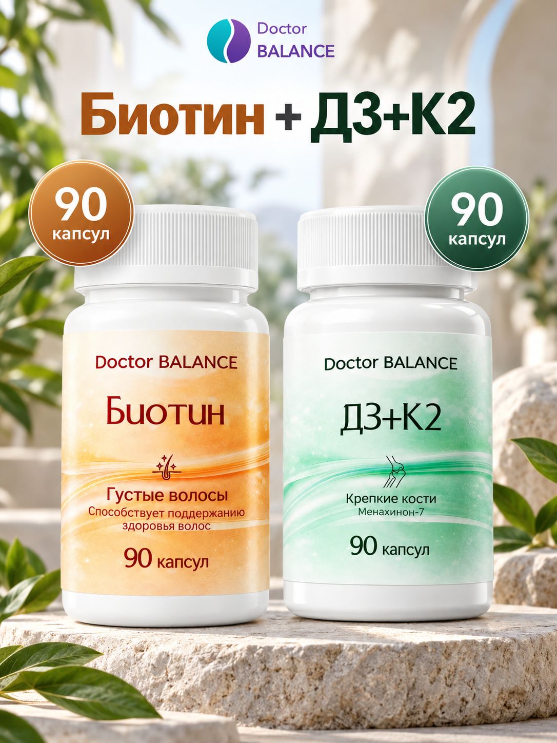 Набор Doctor Balance: Биотин 150 мкг 90 + Витамины D3 + K2 90