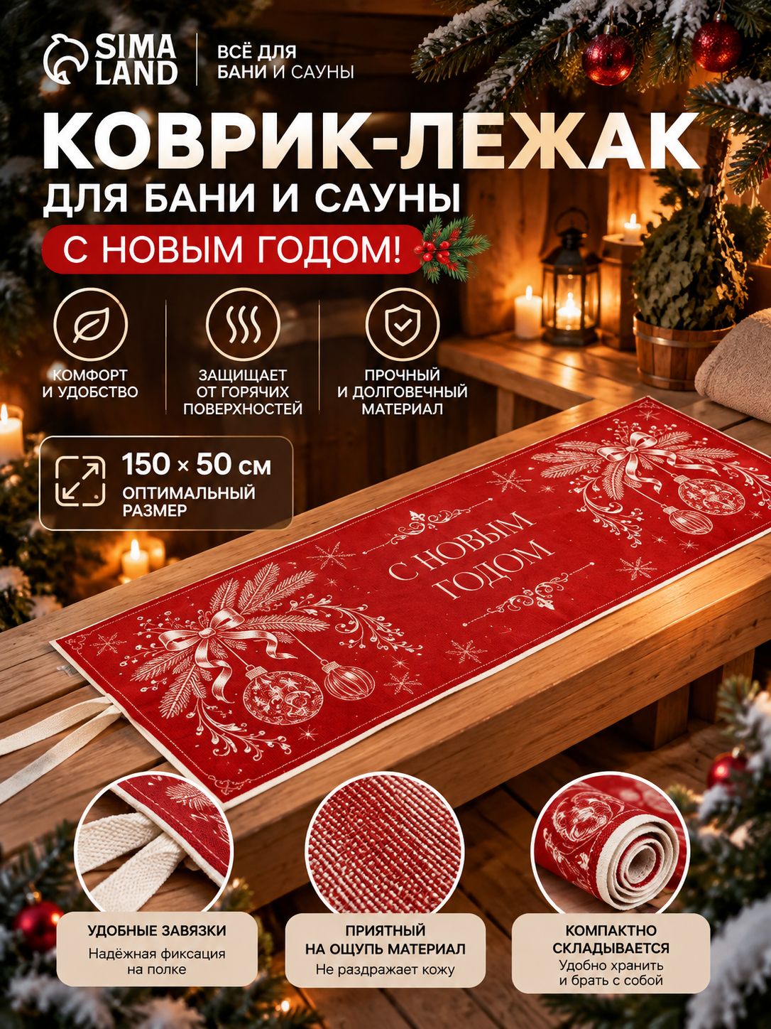 Банный коврик-лежак 150x50 см, красный, для бани, сауны и парной С Новым годом