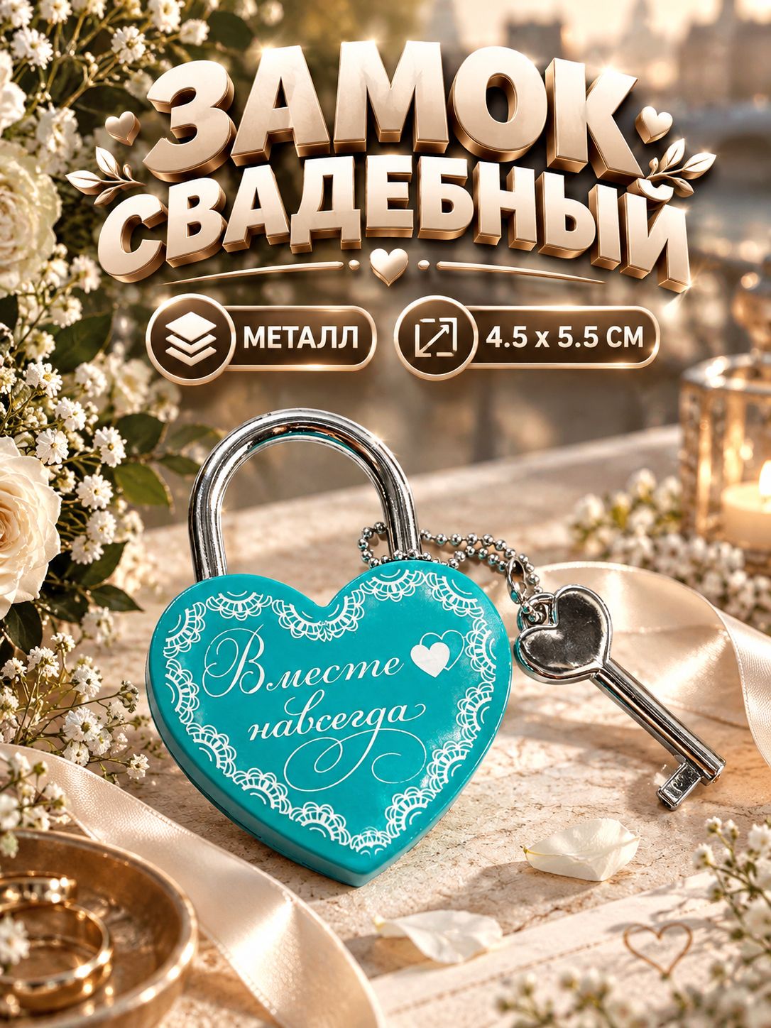 Замок свадебный сердце с ключом "Вместе навсегда"